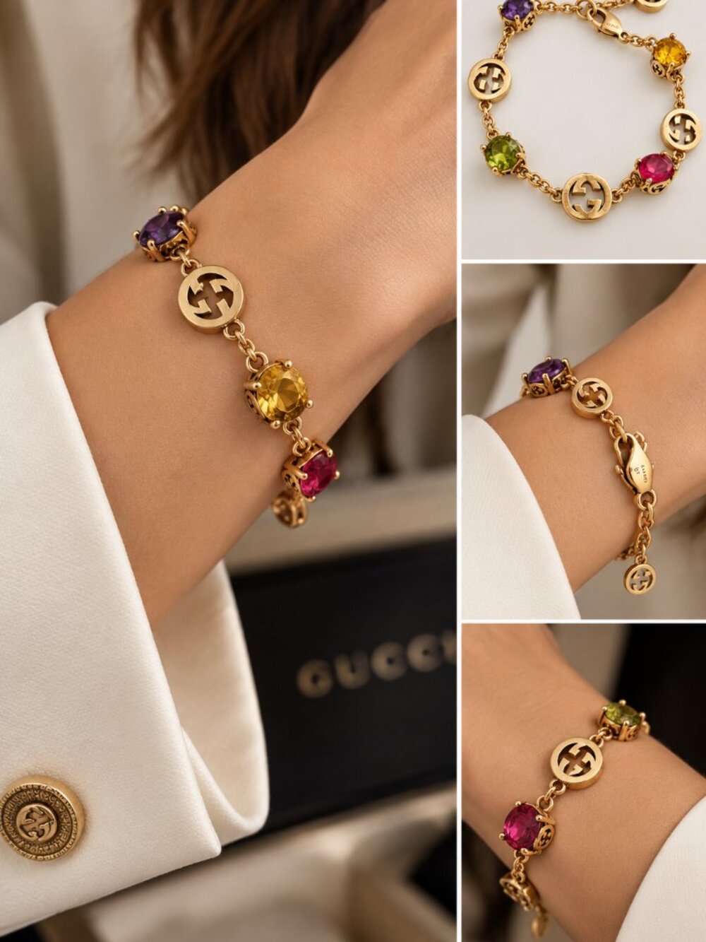 Gold Tone Multicolor Gem Charm Bracelet Elegant Statement Jewelry